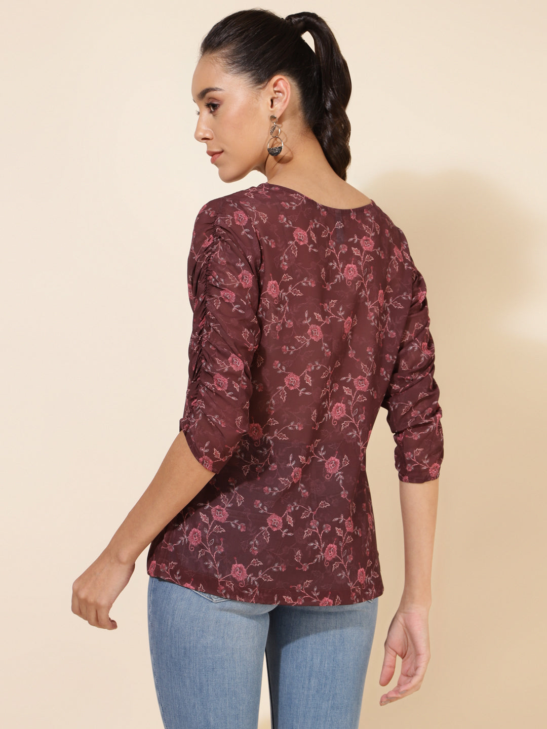 Janasya Women's Brown Georgette Floral Printed Casual Top - Distacart