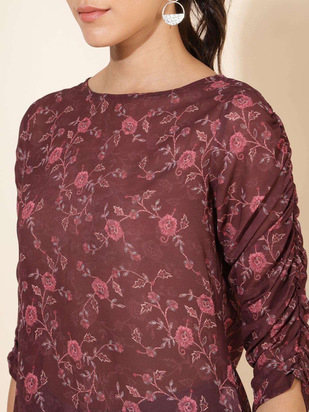 Janasya Women's Brown Georgette Floral Printed Casual Top - Distacart