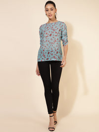 Thumbnail for Janasya Women's Mint Green Georgette Floral Printed Casual Top - Distacart