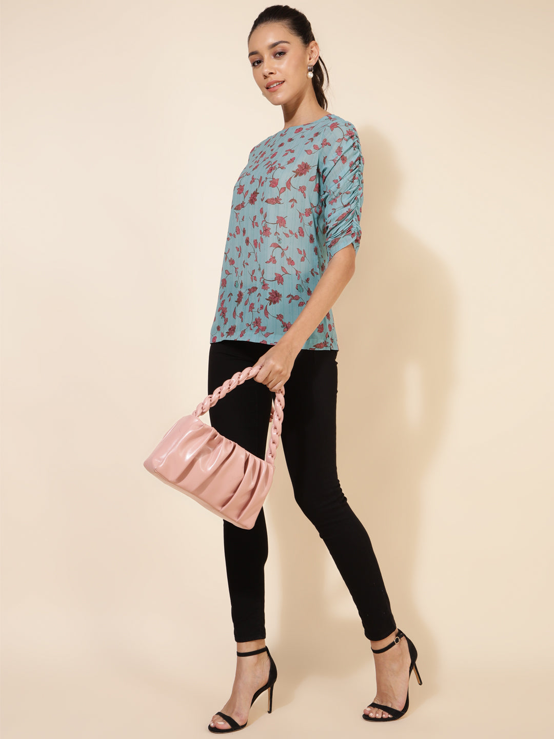 Janasya Women's Mint Green Georgette Floral Printed Casual Top - Distacart
