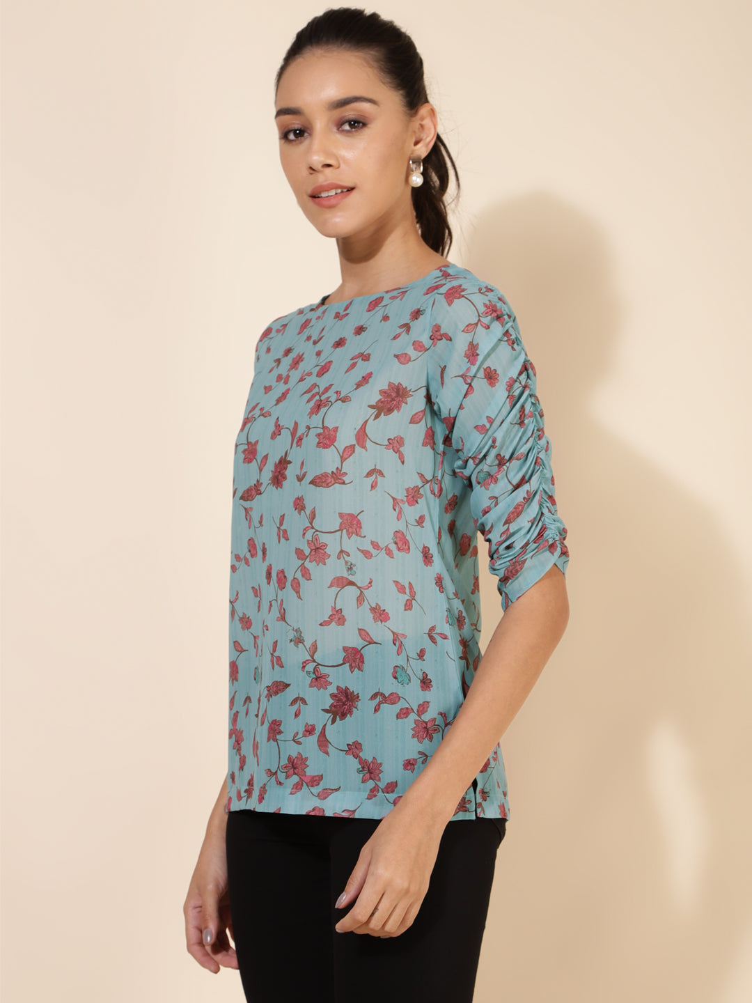Janasya Women's Mint Green Georgette Floral Printed Casual Top - Distacart