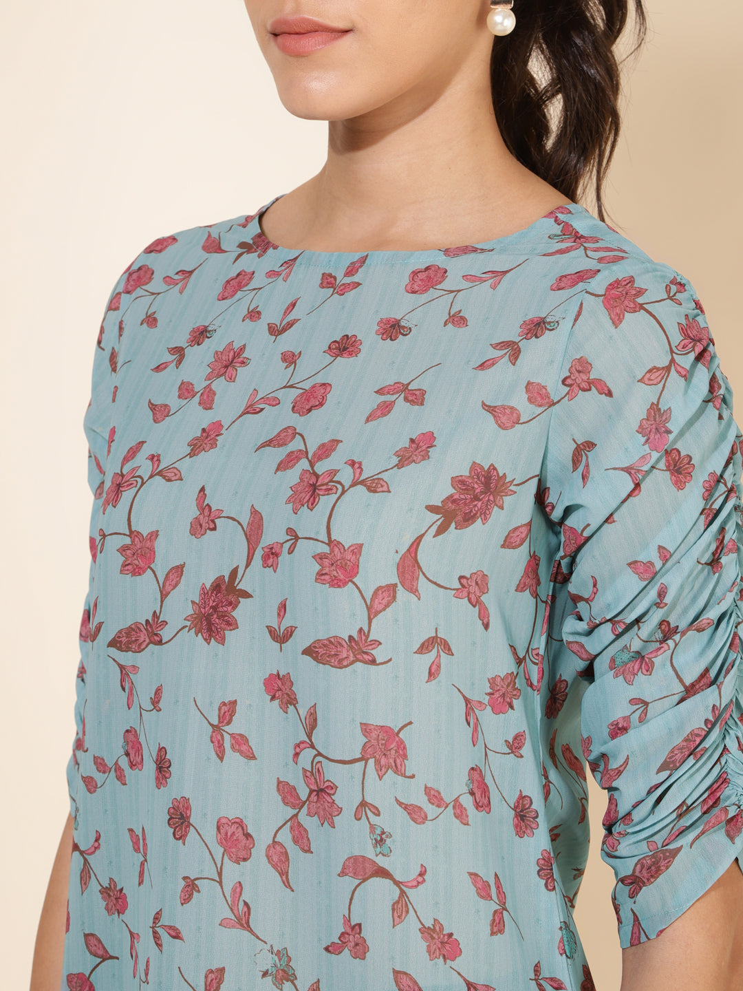 Janasya Women's Mint Green Georgette Floral Printed Casual Top - Distacart