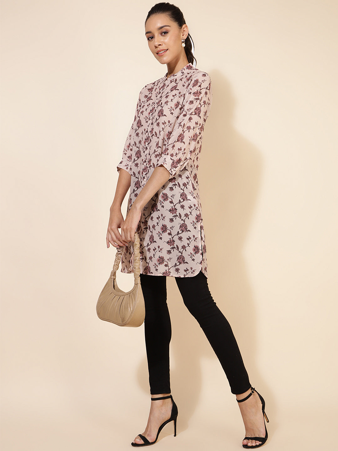 Janasya Women's Beige Georgette Floral Printed Casual Tunic - Distacart