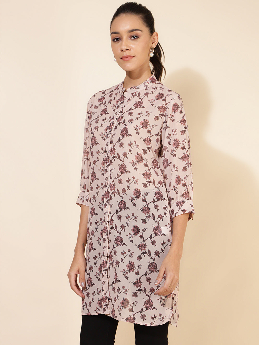 Janasya Women's Beige Georgette Floral Printed Casual Tunic - Distacart