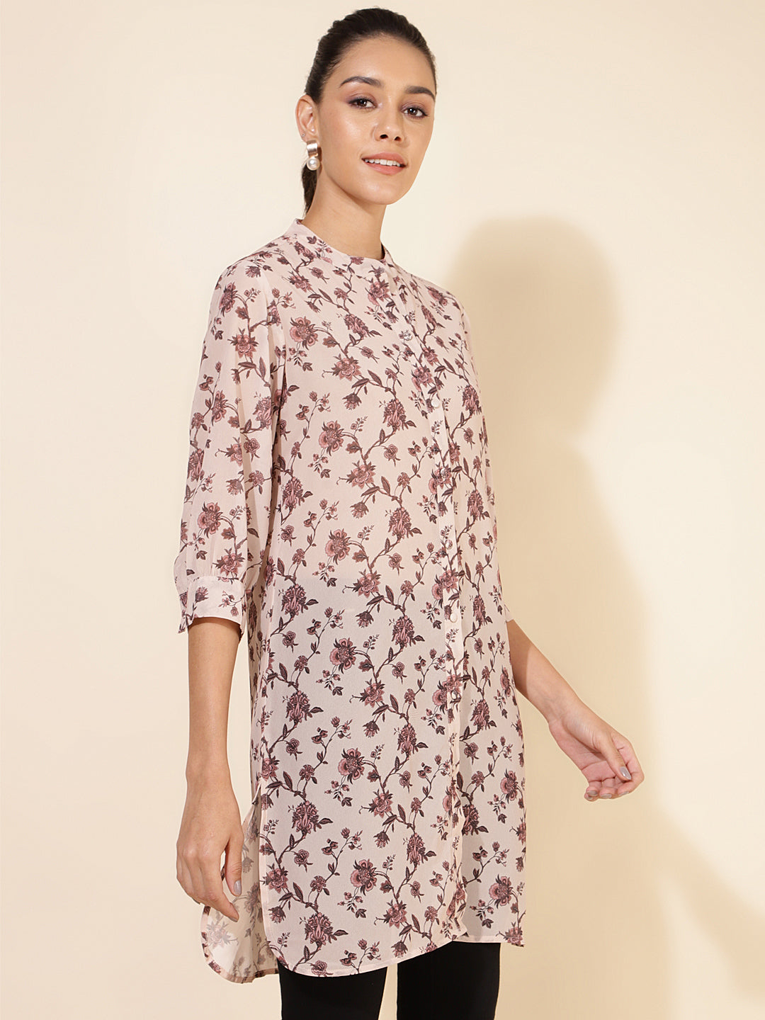 Janasya Women's Beige Georgette Floral Printed Casual Tunic - Distacart