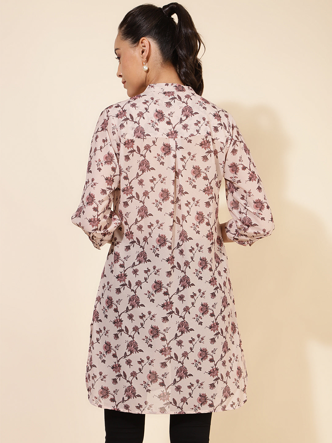 Janasya Women's Beige Georgette Floral Printed Casual Tunic - Distacart