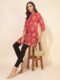 Thumbnail for Janasya Women's Red Georgette Floral Printed Casual Tunic - Distacart