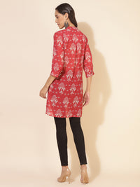 Thumbnail for Janasya Women's Red Georgette Floral Printed Casual Tunic - Distacart