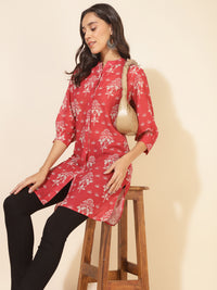 Thumbnail for Janasya Women's Red Georgette Floral Printed Casual Tunic - Distacart