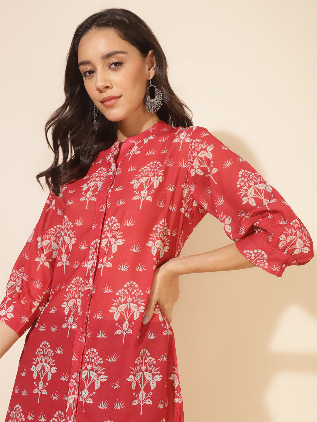 Janasya Women's Red Georgette Floral Printed Casual Tunic - Distacart