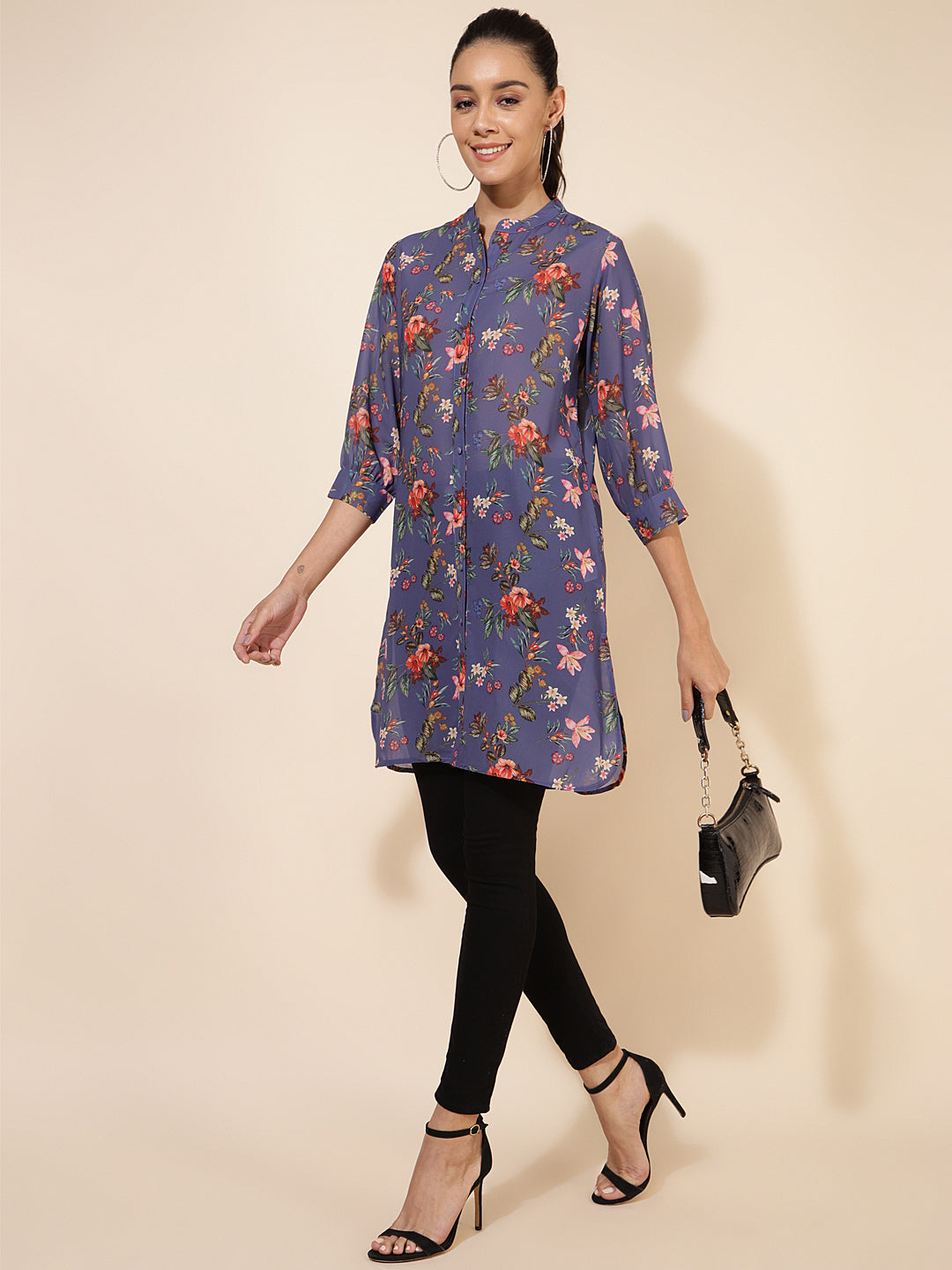 Janasya Women's Violet Georgette Floral Printed Casual Tunic - Distacart