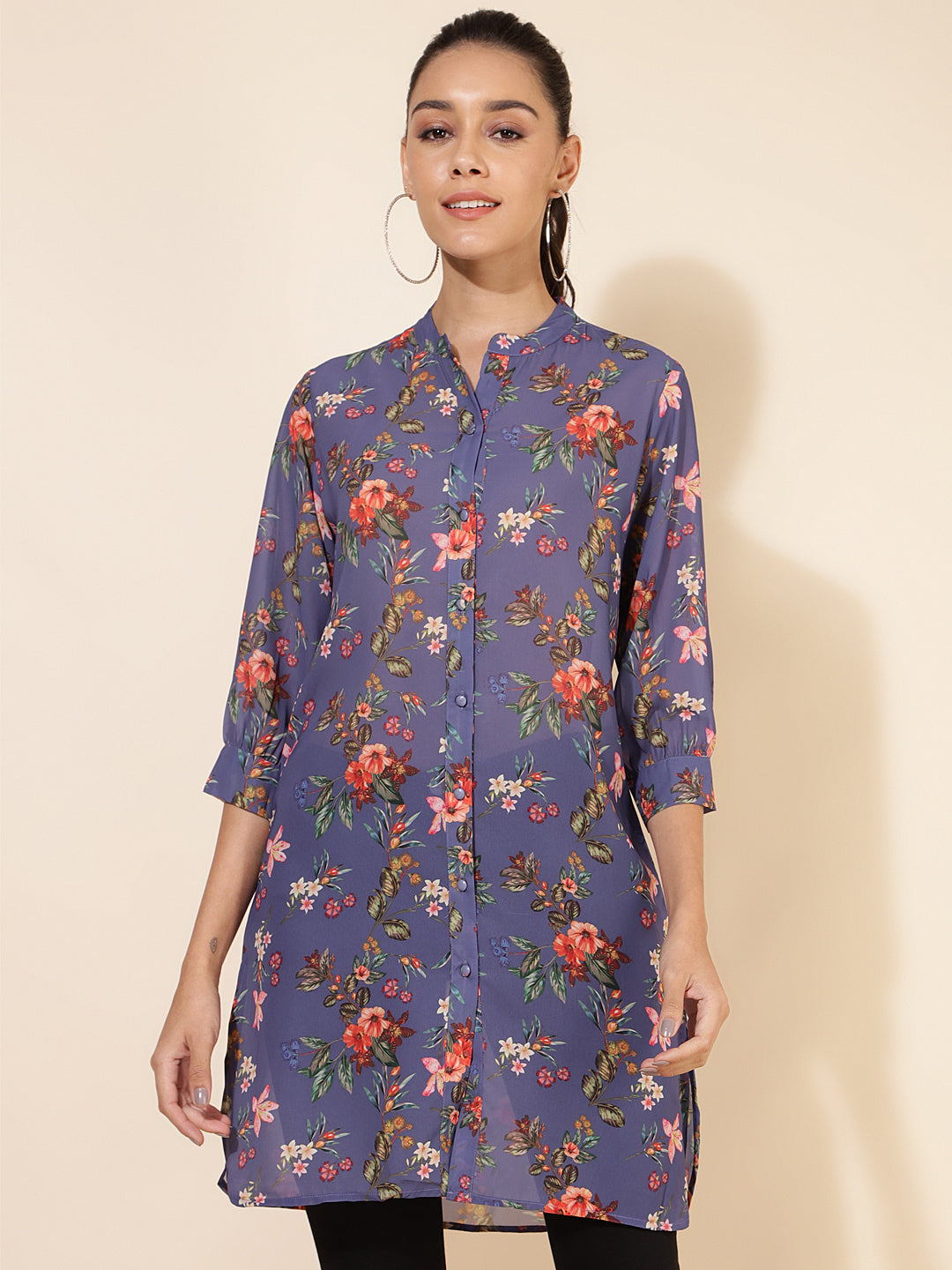 Janasya Women's Violet Georgette Floral Printed Casual Tunic - Distacart