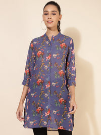 Thumbnail for Janasya Women's Violet Georgette Floral Printed Casual Tunic - Distacart