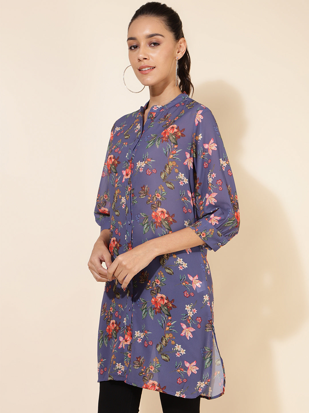 Janasya Women's Violet Georgette Floral Printed Casual Tunic - Distacart