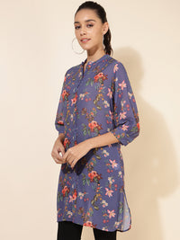 Thumbnail for Janasya Women's Violet Georgette Floral Printed Casual Tunic - Distacart