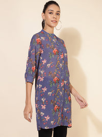 Thumbnail for Janasya Women's Violet Georgette Floral Printed Casual Tunic - Distacart