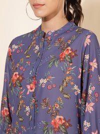 Thumbnail for Janasya Women's Violet Georgette Floral Printed Casual Tunic - Distacart