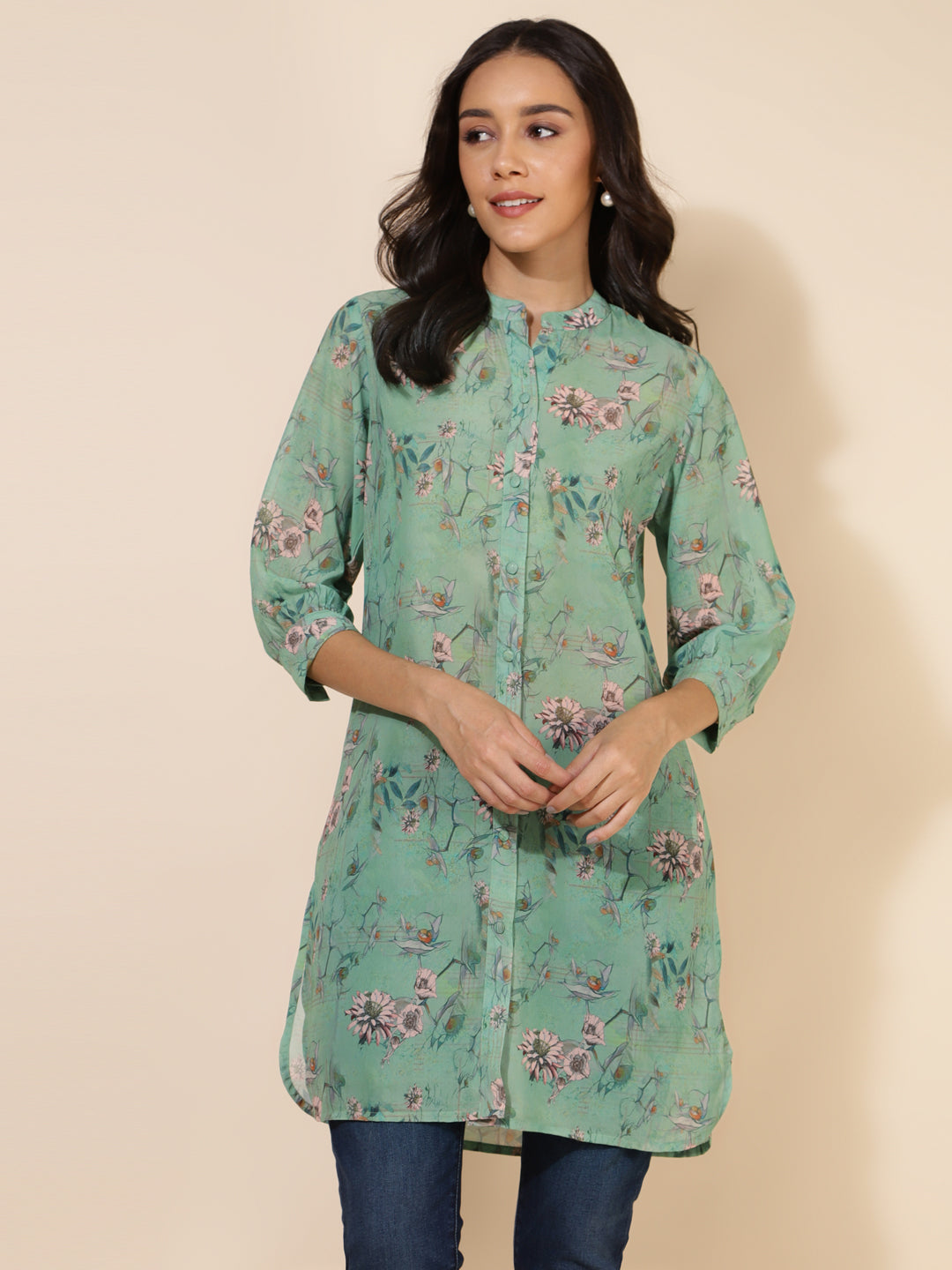 Janasya Women's Light Green Georgette Floral Printed Casual Tunic - Distacart