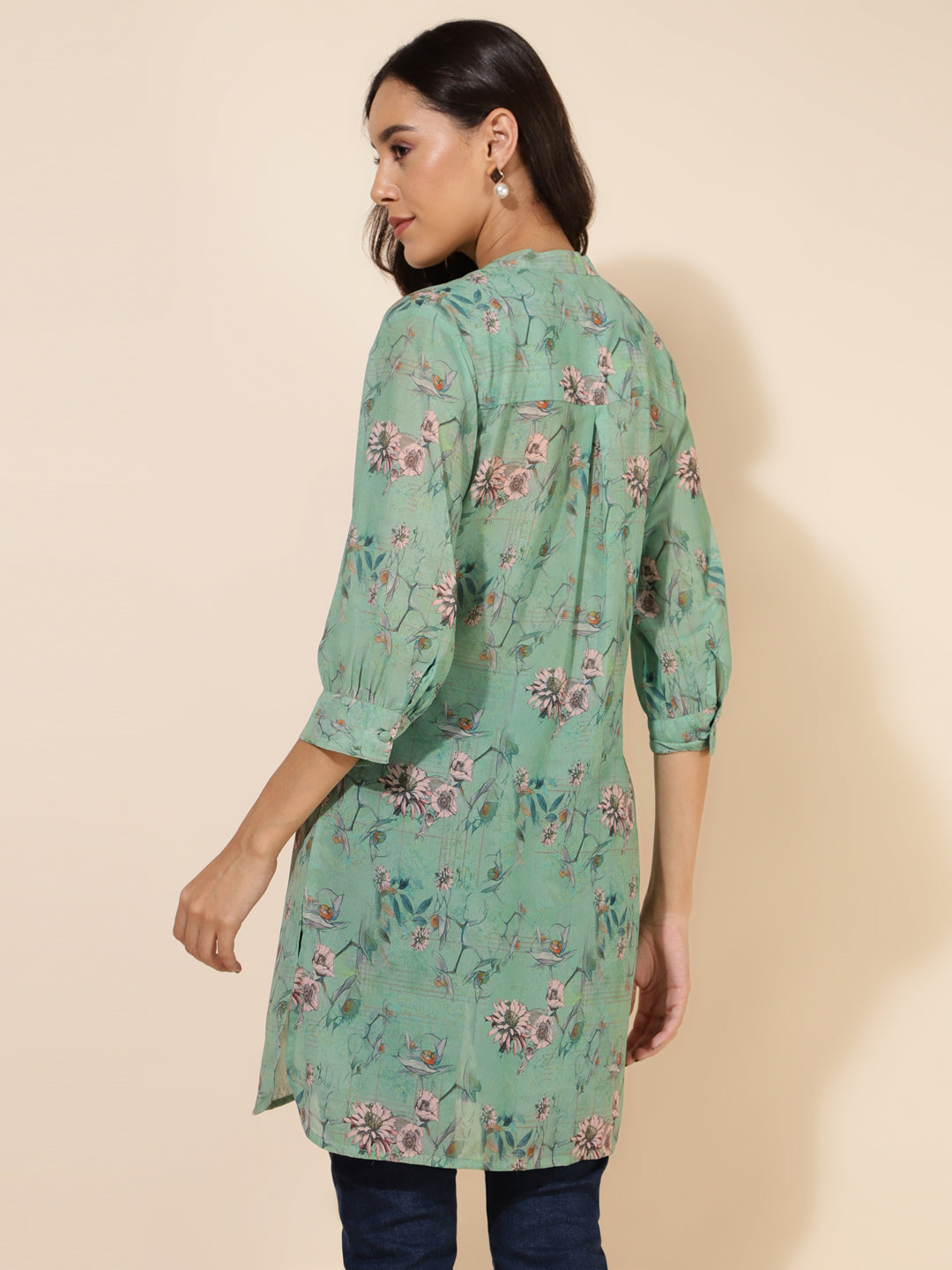 Janasya Women's Light Green Georgette Floral Printed Casual Tunic - Distacart
