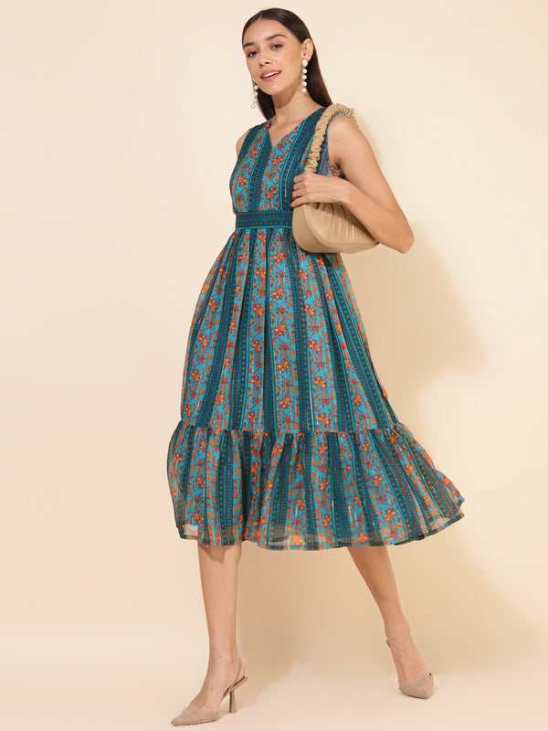 Janasya Women's Blue Chiffon Lurex Floral Printed Casual Dress - Distacart