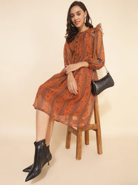 Thumbnail for Janasya Women's Rust Chiffon Lurex Floral Printed Casual Dress - Distacart
