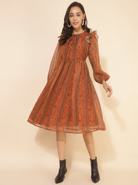 Thumbnail for Janasya Women's Rust Chiffon Lurex Floral Printed Casual Dress - Distacart
