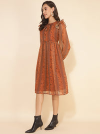 Thumbnail for Janasya Women's Rust Chiffon Lurex Floral Printed Casual Dress - Distacart