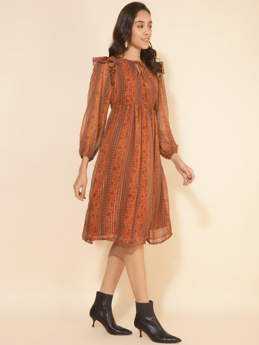 Janasya Women's Rust Chiffon Lurex Floral Printed Casual Dress - Distacart