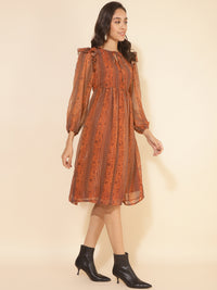 Thumbnail for Janasya Women's Rust Chiffon Lurex Floral Printed Casual Dress - Distacart