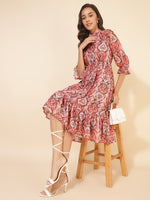 Thumbnail for Janasya Women's Peach Dobby Georgette Ikkat Printed Casual Dress - Distacart