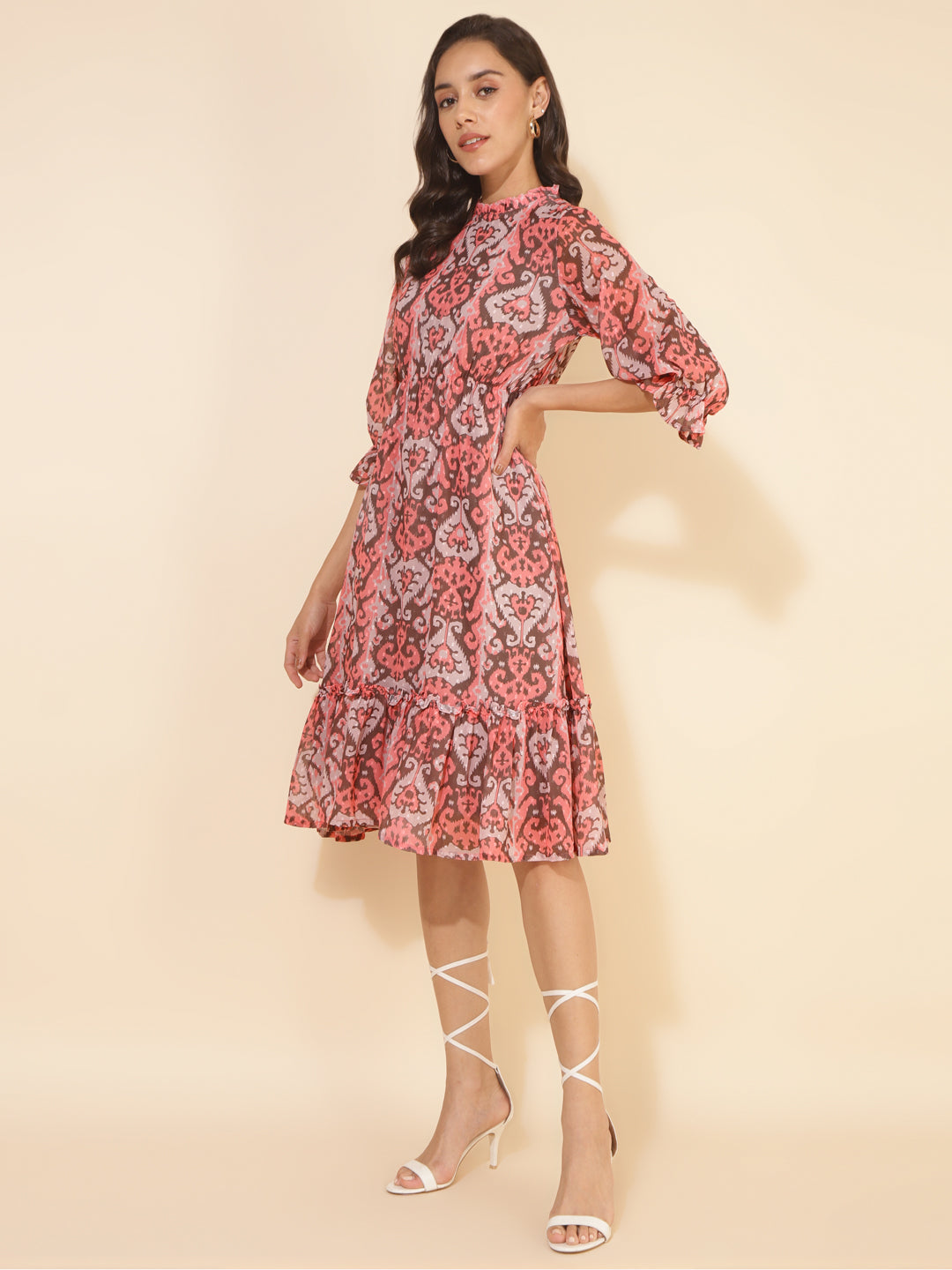 Janasya Women's Peach Dobby Georgette Ikkat Printed Casual Dress - Distacart