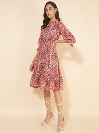 Thumbnail for Janasya Women's Peach Dobby Georgette Ikkat Printed Casual Dress - Distacart