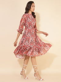 Thumbnail for Janasya Women's Peach Dobby Georgette Ikkat Printed Casual Dress - Distacart