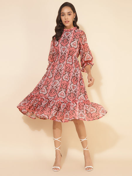 Janasya Women's Peach Dobby Georgette Ikkat Printed Casual Dress - Distacart