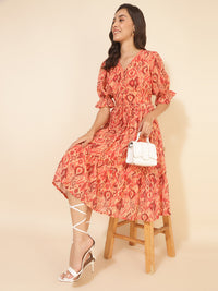 Thumbnail for Janasya Women's Mustard Dobby Georgette Ikat Printed Casual Dress - Distacart