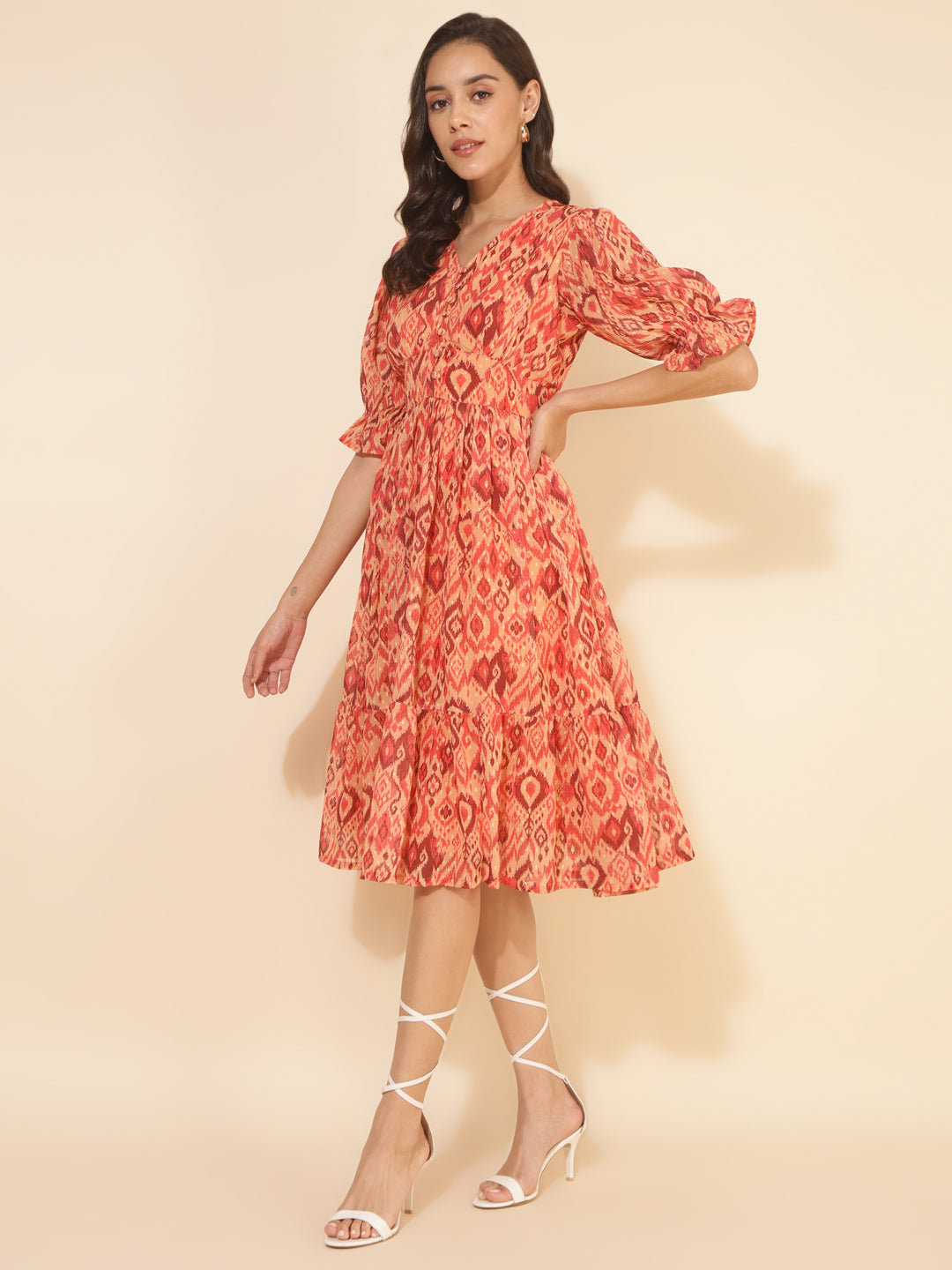 Janasya Women's Mustard Dobby Georgette Ikat Printed Casual Dress - Distacart