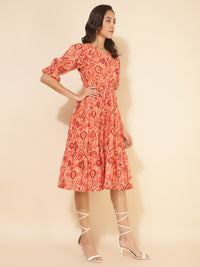 Thumbnail for Janasya Women's Mustard Dobby Georgette Ikat Printed Casual Dress - Distacart