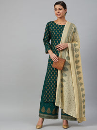 Thumbnail for Jompers Women Green & Golden Printed Kurta with Palazzos & Dupatta - Distacart
