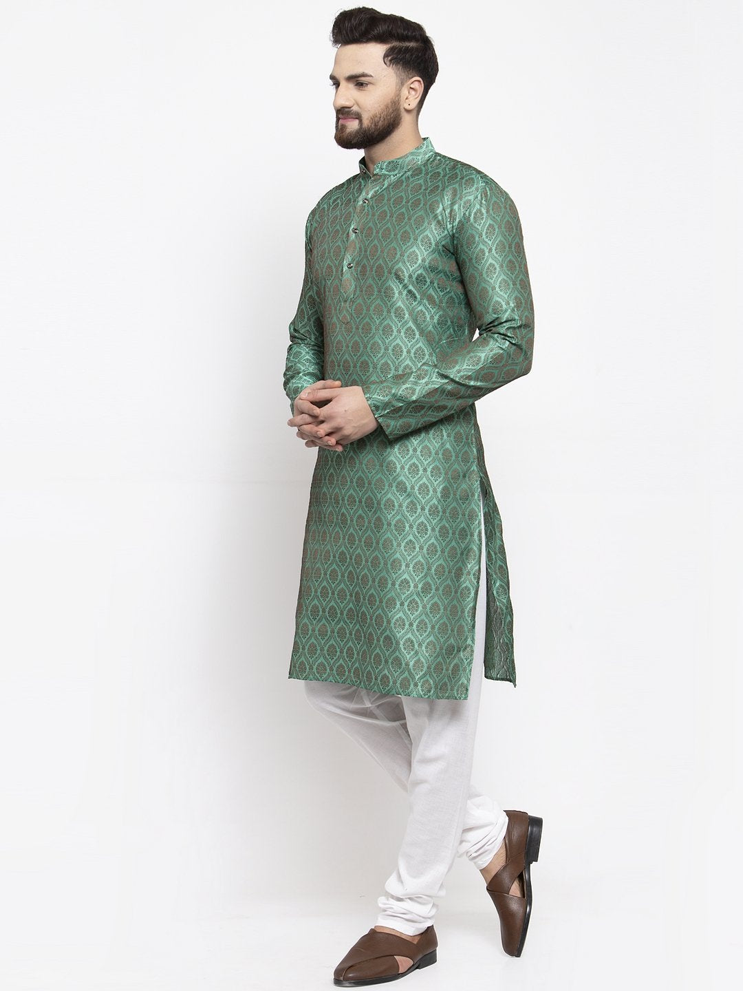 Jompers Men Green & Grey Jacquard Kurta Only - Distacart