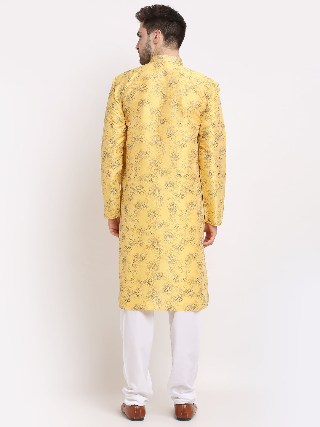 Jompers Men's Yellow Dupion Printed Kurta Only