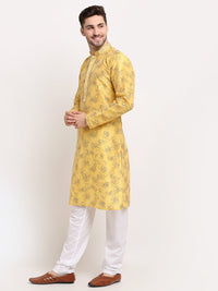 Thumbnail for Jompers Men's Yellow Dupion Printed Kurta Only