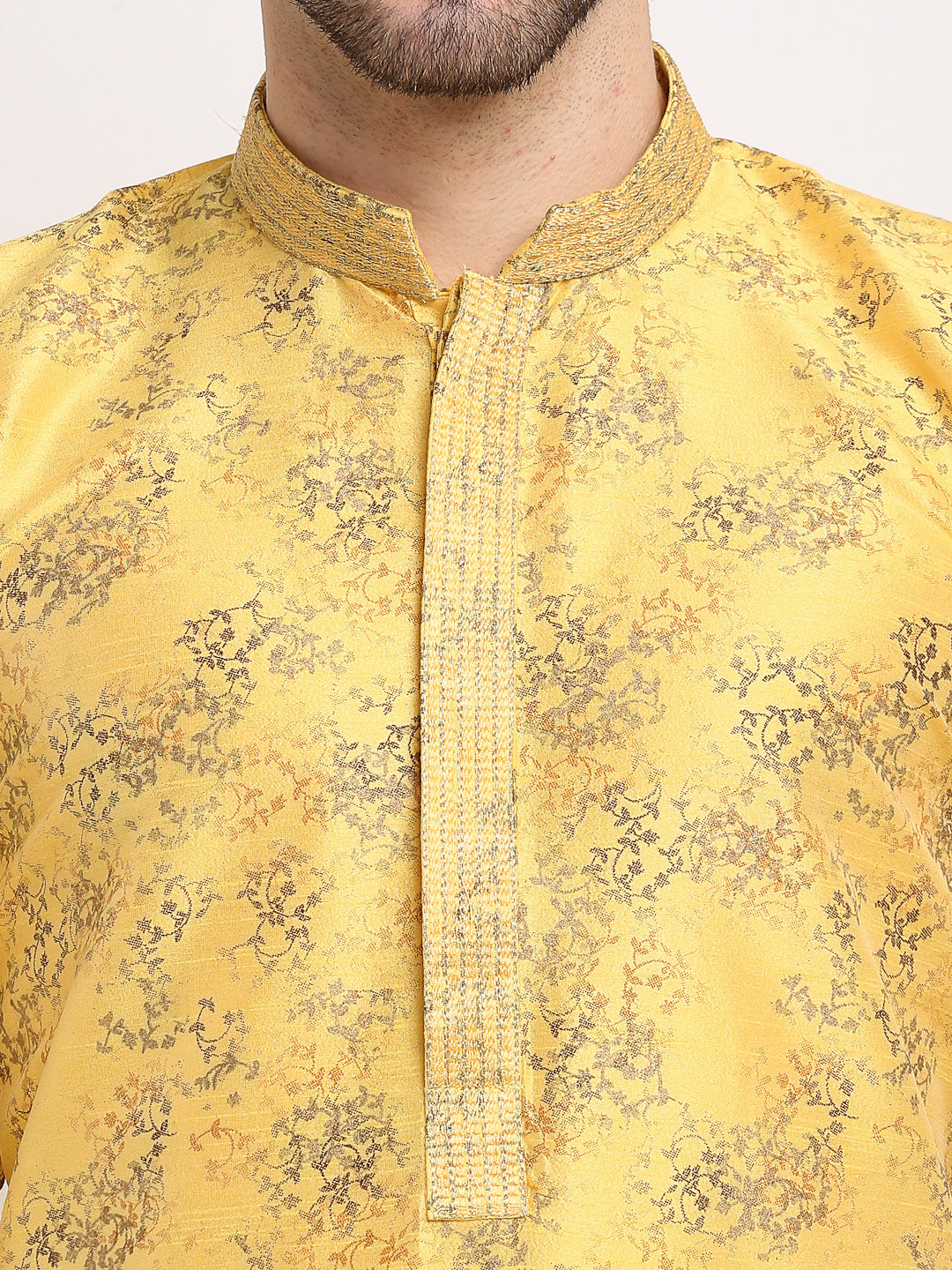 Jompers Men's Yellow Dupion Printed Kurta Only