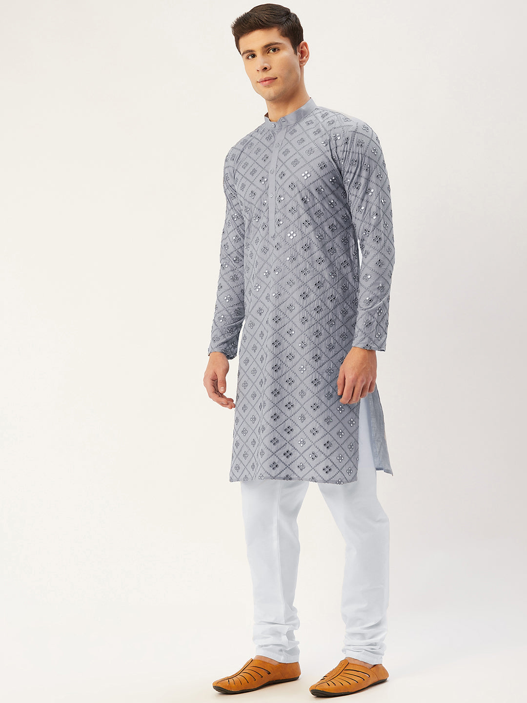 Jompers Men's Grey Embroidered Mirror Work Kurta Only