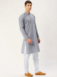 Thumbnail for Jompers Men's Grey Embroidered Mirror Work Kurta Pyjama