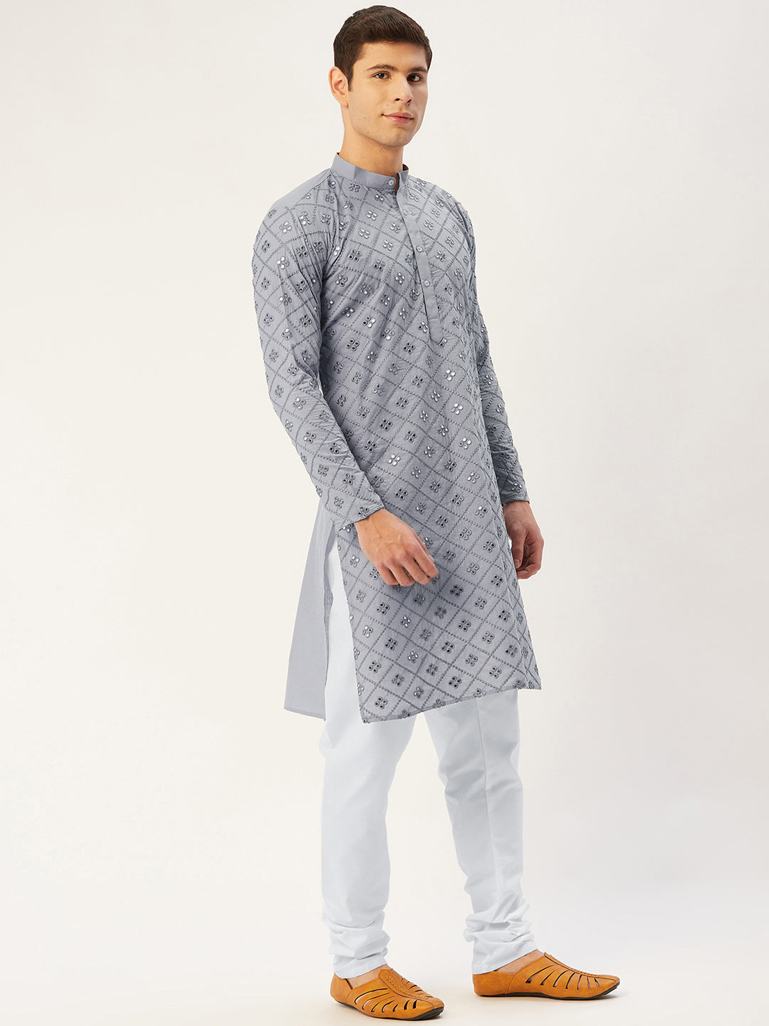 Jompers Men's Grey Embroidered Mirror Work Kurta Only