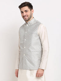 Thumbnail for Jompers Men's Grey Grey and White Embroidered Nehru Jacket