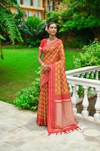 Thumbnail for Vishnu Weaves Women's Orange Handloom Raw Silk Zari Woven Saree with Blouse - Distacart