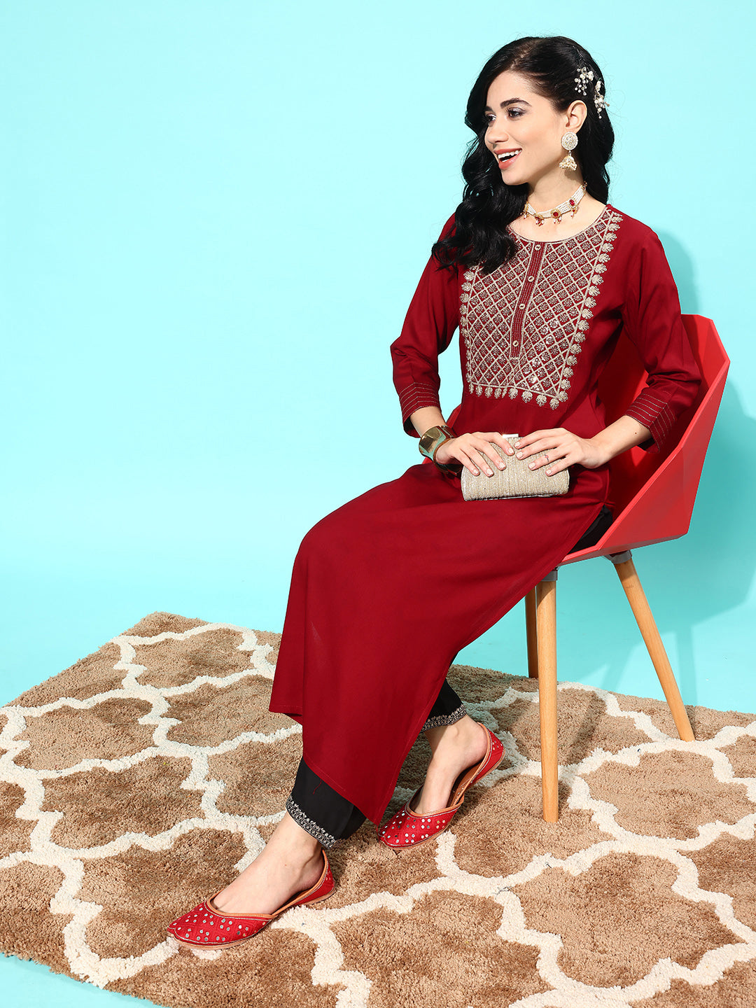 NOZ2TOZ Women Maroon Embroidered Yoke Desgin Straight Kurta - Distacart