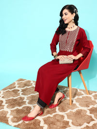Thumbnail for NOZ2TOZ Women Maroon Embroidered Yoke Desgin Straight Kurta - Distacart