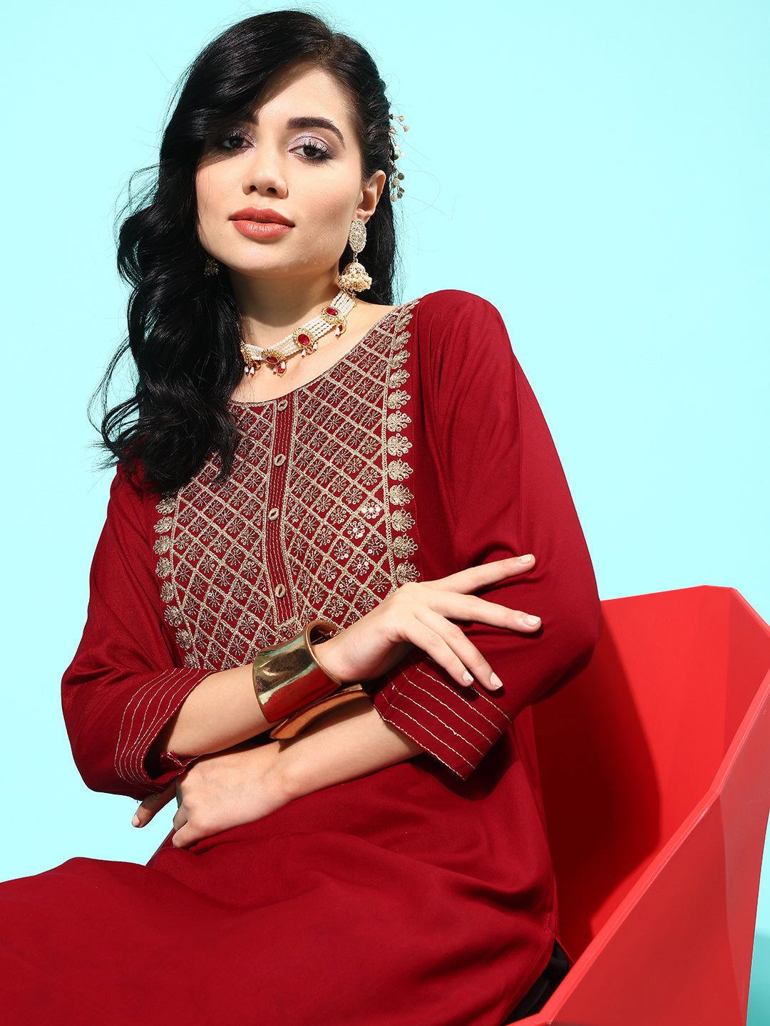 NOZ2TOZ Women Maroon Embroidered Yoke Desgin Straight Kurta - Distacart